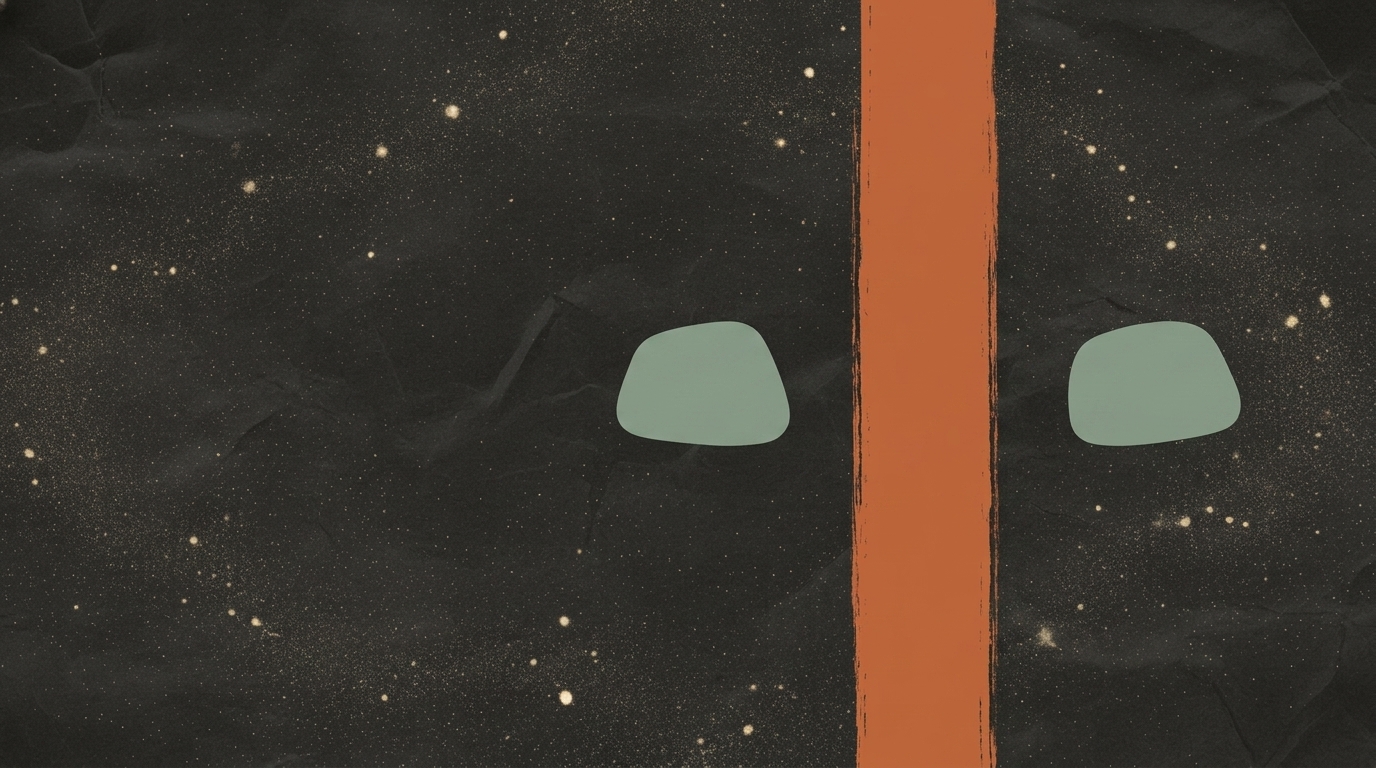 Illustratie: een oranje grens die twee groene vormen scheidt, tegen een zwarte sterrenachtergrond